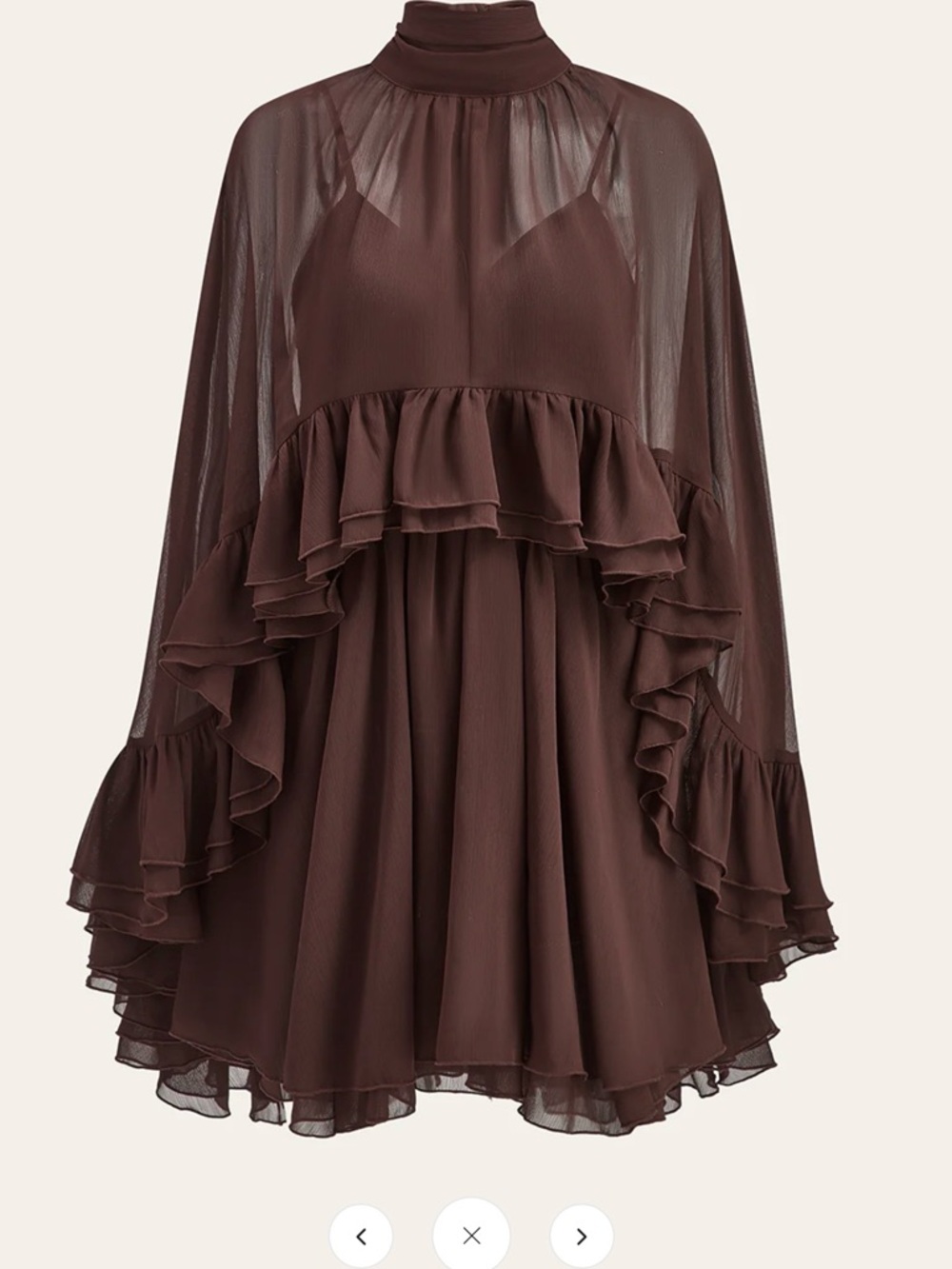 Commense Semi-Sheer Chiffon Ruffle Dress with Outer Cape - Brown